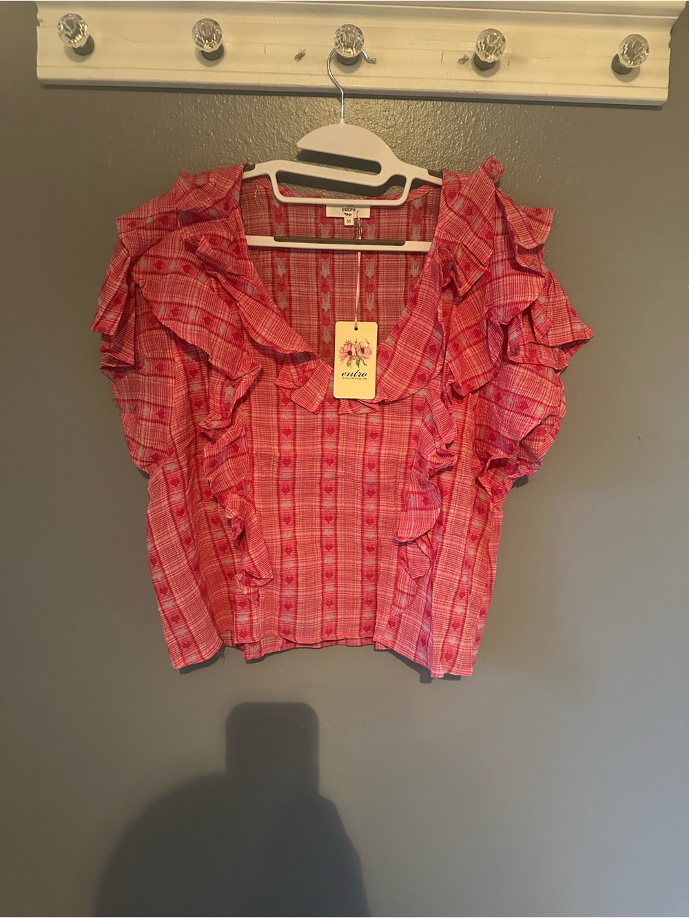 entro Pink Plaid Ruffle Short Sleeve Blouse